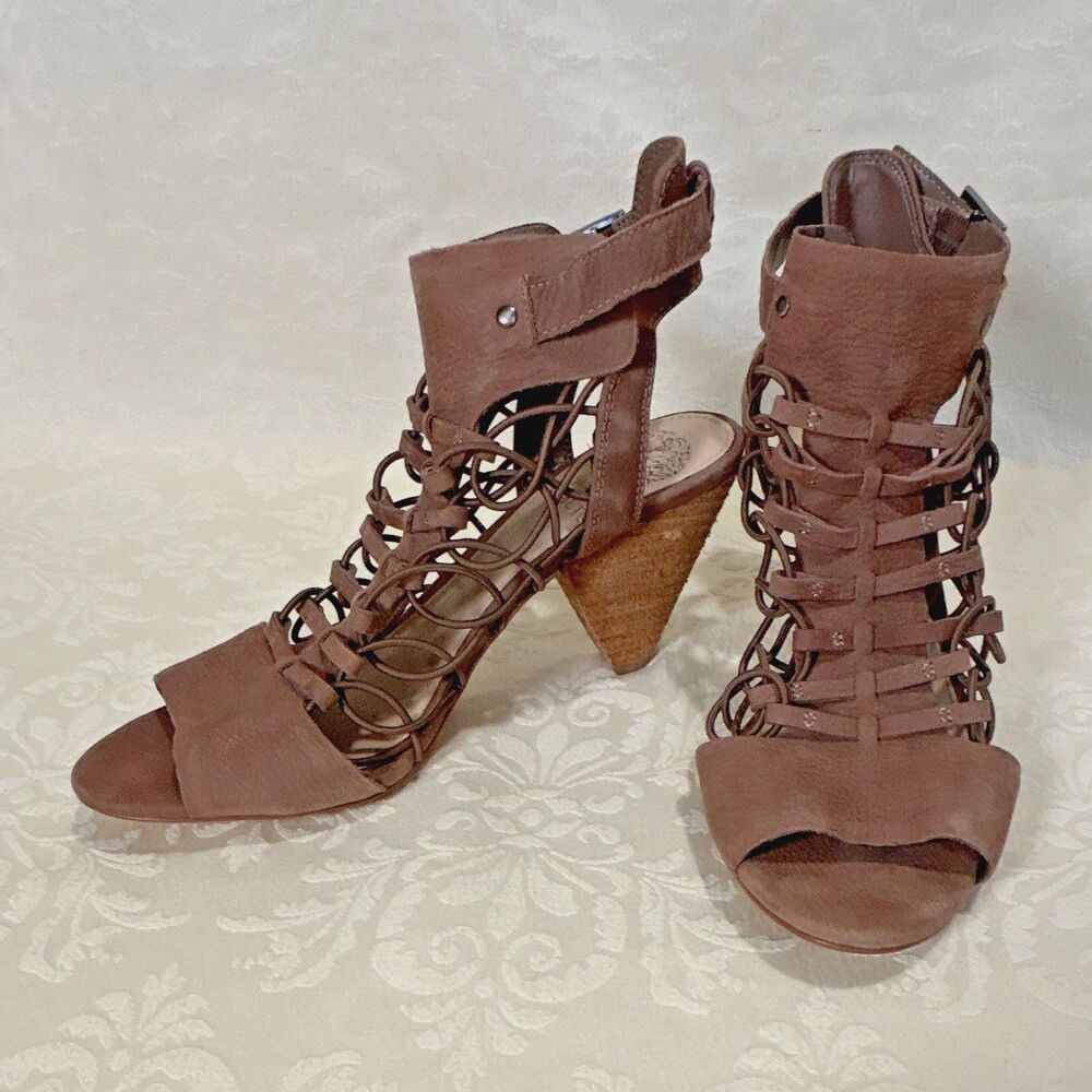 Vince Camuto Evel Brown Caged Leather Sandals Strappy Block Cone Heel Size 8M